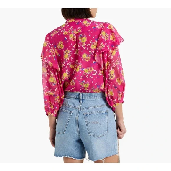 Saloni Chloe Silk Floral Blouse Top Size 4 Pink Button Front Ruffles Feminine - Picture 10 of 14